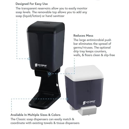 Miniatura 10 de San Jamar Dispensador de jabón clásico para baños públicos, manual, montado en la pared, recargable, plástico, capacidad de 46 onzas, perla negra