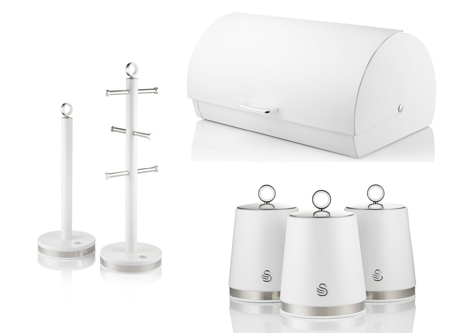 Swan Serenity Bread Bin Canisters Mug Tree Towel Pole Set White