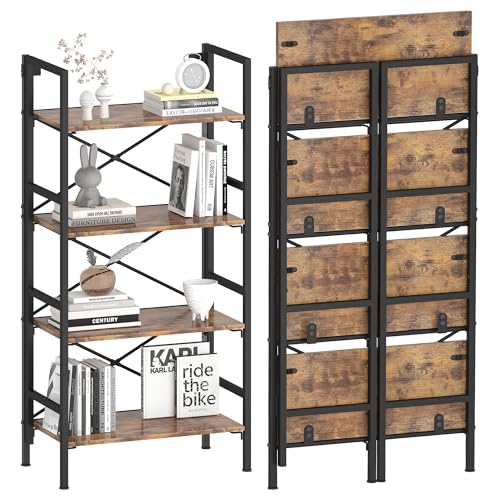 Folding Bookshelf,4 Tier Bookcase Foldable Shelf with X-Bracket Design, Adjustable Feet, Space Saving Storage for Living Room, Office, Rustic Brown