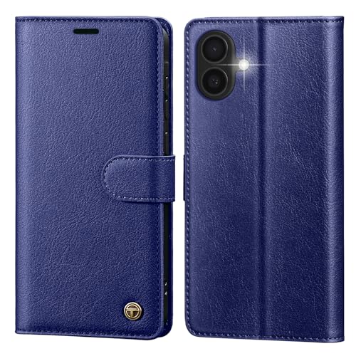 Étui de protection à rabat pour iPhone 16 en cuir bleu avec compartiment cartes