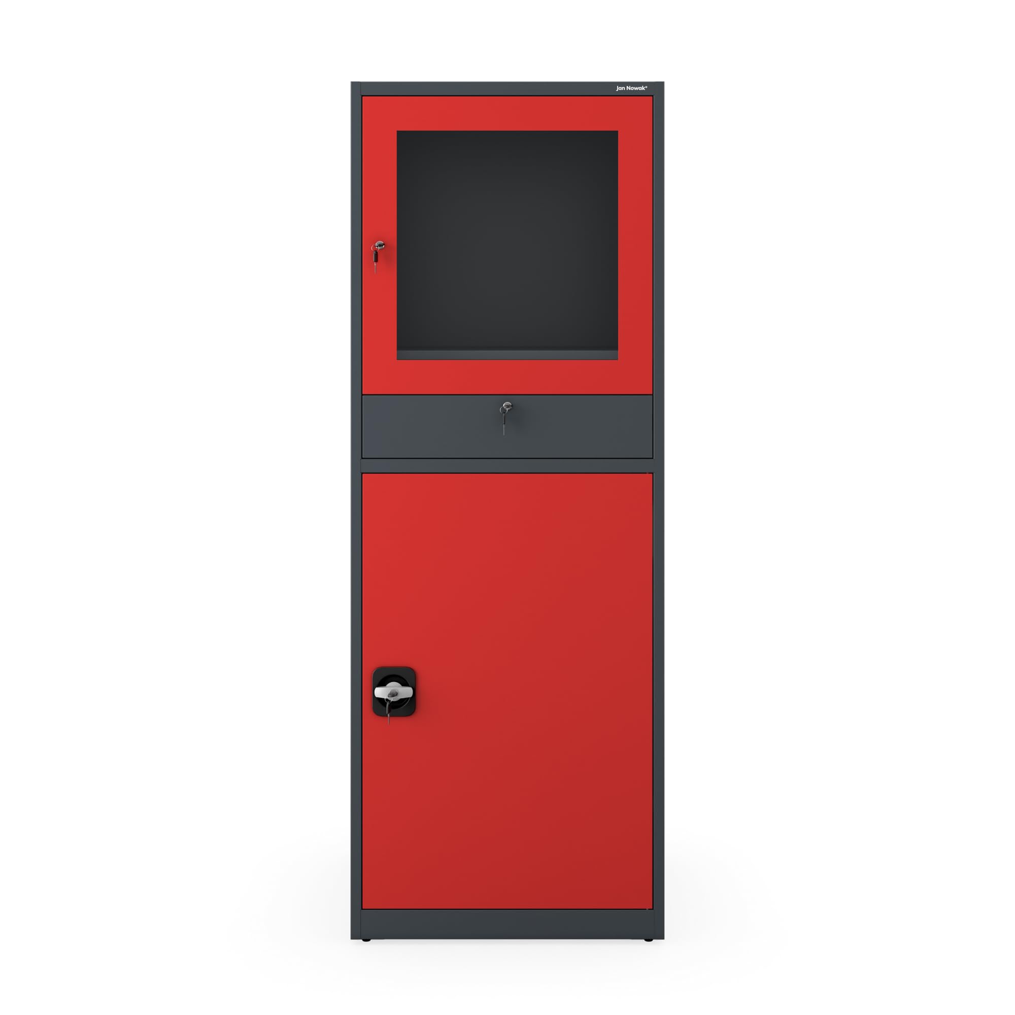 Jan Nowak Poste de Travail Informatique Armoire PC Armoire Informatique avec tiroir pour Atelier Entrepôt Métal 175 cm x 64 cm x 63 cm (Anthracite-Rouge)