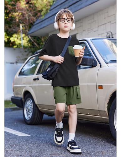 Image of Arshiner Boys' 2-Piece Cotton Outfit Short Sleeve Crewneck T-Shirt & Cargo Shorts Set Summer Casual Clothes for Kids 5-13
