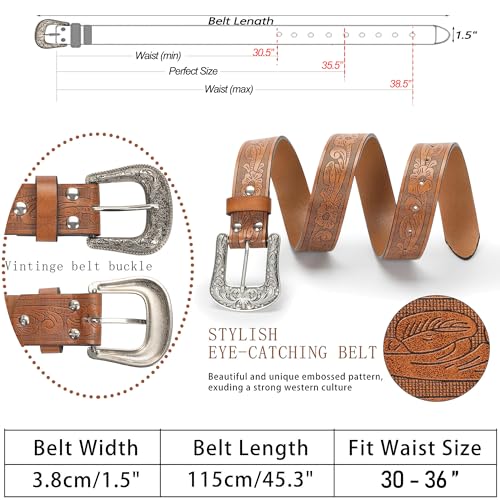 Cowgirl Cowboy Rhinestone-Studded-Buckle Western Belt for Women PU-Leather Floral-Embossed Vintage-Carved Belt3