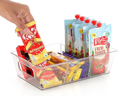 Image of Xiran Fridge Storage Boxes Organizer Bins, 3 Partition Stackable Fridge Storage Basket, Plastic Freezer Storage Containers for Fish, Meat, Vegetables, Fruits (Pack of 2, Transparent)