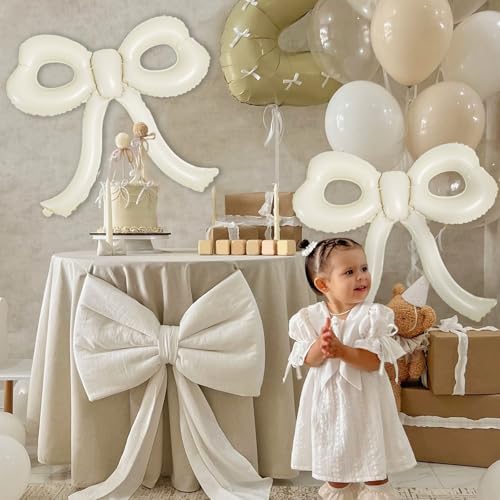 Image of 4 Pcs Bow Birthday Decorations Cream Bow Balloons for Girl Women Bow Themed Party Decorations Giant Foil Beige Balloons for Birthday Baby Shower Gender Reveal Wedding Decor Party Supplies