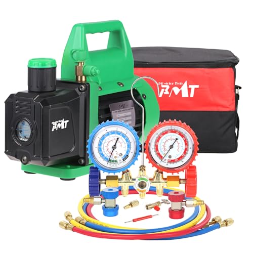 PB Motor Tech Vacuum Pump & Gauge Set - 4.5 CFM Pump w/Brass Manifold Gauge, Quick Couplers, 410 Adapter, Can Tap Tool & Carrying Tote - for R134A, R12, R22, R502 Refrigerants & A/C Maintenance