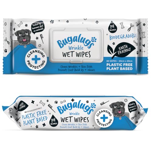BUGALUGS Wrinkle Dog Wipes for pawly skin - 80 Biodegradable dog grooming pet wipes. Use as Dog ear wipes dog eye wipes dog face wipes Paw & Bum wipes for puppy dogs & cat grooming