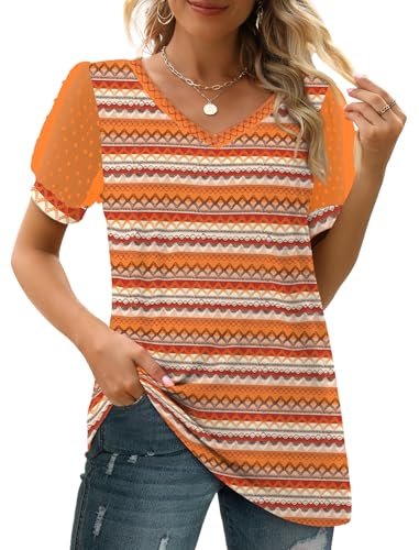 Image of Aokosor Womens Summer Tops V Neck T Shirts Swiss Dot Puff Sleeve Tops Loose Casual Tshirts