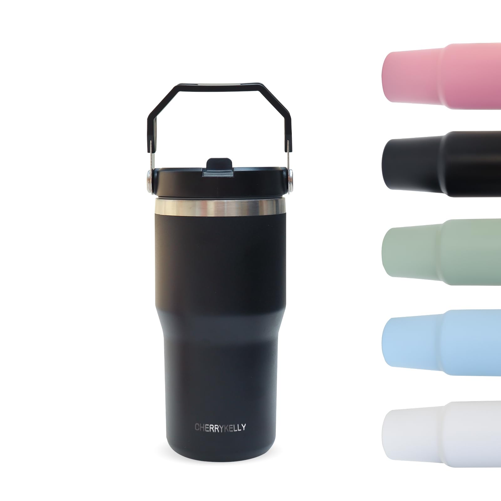 CherryKelly 20oz (550ml) Travel Mug with Handle, Travel Tumbler with Straw Lid, Stainless Steel Vacuum Insulated Coffee Cup, Double Wall Travel Flask Car Mug, Leak Proof Water Bottle - Black