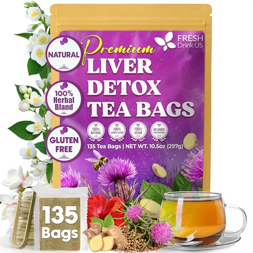 Image of FreshDrinkUS, Premium Liver Detox Tea Bags | 135 Count | Eco-Conscious Corn Fiber Tea Bags | Ayurvedic Stomach Relief & Liver Support | Vegan, Caffeine Free, Kosher
