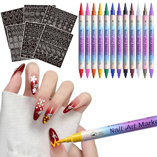 Nail Art Pens Stencil Set 12 Colors Double-Ended Nail Art Makers+ 7 Sheets Nail Stencils Quick-drying Nail Art Tool for Women & Girl Dotting Liner Brush DIY Nails Art Design Home & Salon