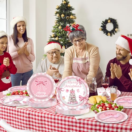 Image of 96Pcs Pink Christmas Tree Party Decorations Pink Bow Plates and Napkins Tableware Buffalo Plaid Dinnerware for Merry Xmas Winter Holiday Party Supplies 24 Guests