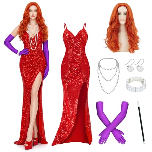 Gvnphal Jessica Rabbit Costume for Women Long Red Sequin Fancy Dress with Wig Necklace Gloves Bracelet Props Holder Earrings 2XL