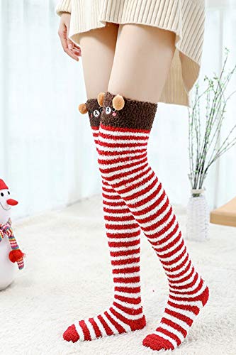 Image of Hotmiss Womens Thigh High Fuzzy Socks Cute Over the Knee Stockings Winter Warm Stripe Leg Warmers