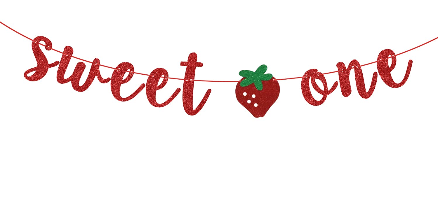 Strawberry Sweet One Banner, Baby 1st Birthday Banner, Strawberry Themed 1st Birthday Baby Shower Party Decorations Red Glitter