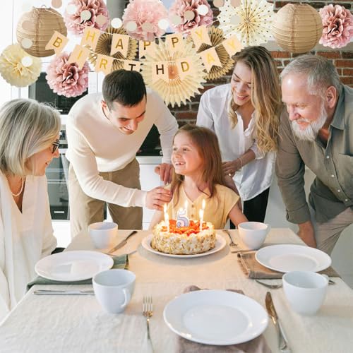 Décorations d'anniversaire rose et marron champagne, doré, beige, bohème, rose poudré, crème, neutre, rose poudré, lanternes pour fans de fête avec bannière dorée rétro pour femmes et filles – vue 2