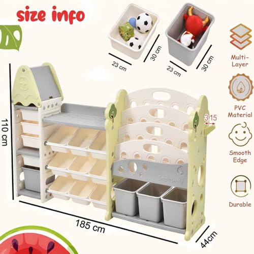 Image of Kids Toy Organizer with Bookshelf for Home 3 in 1 Storage Rack for Toddler Playroom Organizer Montessori Book Shelf Kids Toys Organiser for Space Saving Storage Bins for Children-Green