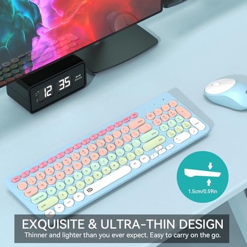 Image of FD Wireless Keyboards and Mouse Combo - 2.4GHz USB Cordless, Cute Wireless Keyboard Round Keys, Quiet and Slim Set for Laptop, Computer, TV and Mac - Blue Pale Green Colorful