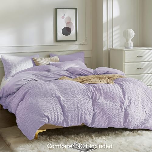 Image of JELLYMONI Seersucker Duvet Cover Set Queen, 3pcs Light Purple Polyester | In Master Bedroom, Couples Pick, Crinkled Texture, Oeko-Tex Certified, 8 Corner Ties & Hidden Zipper