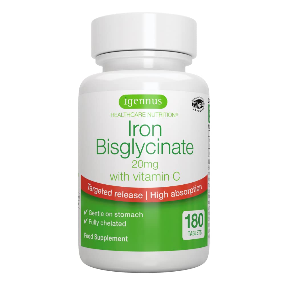 Iron Bisglycinate 20mg with Vitamin C, Gentle Iron, Enhanced Absorption