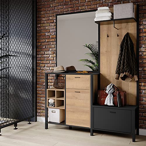 Mueble de entrada con revestimiento de roble y negro con múltiples almacenamiento y espejo - Moda