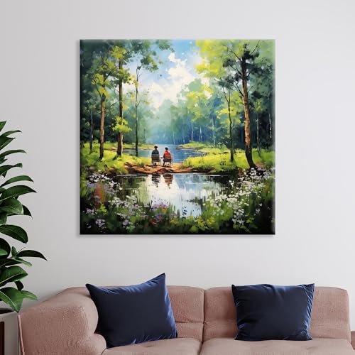 Image of Exsha Serene Couple Fishing by Lake Canvas Wall Painting|Romantic Nature Square Art Print for Living Room, Bedroom, Office, Home Decor|Peaceful Forest & Water Scene Wall Decorative Artwork|16x16 Inch