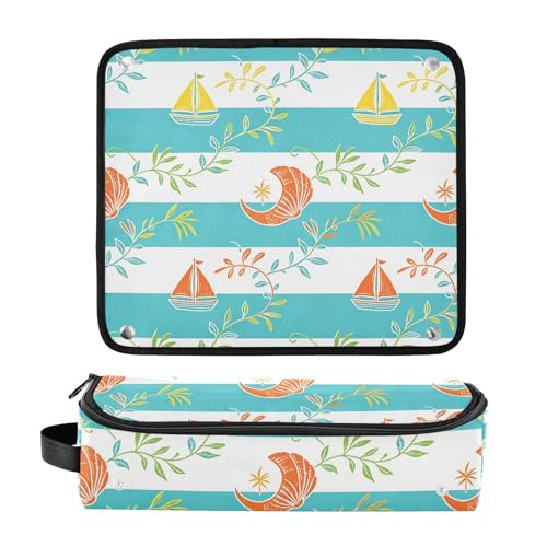 Bolsa de viaje para herramientas de cabello con tapete resistente al calor y cierre magnético, organizador portátil para plancha de pelo y accesorios, diseño de rayas azul hoja de barco vela miniatura 3