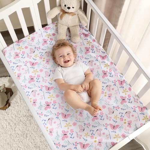 Image of PHF 3 Pack Soft Mini Crib Sheets, Butterfly Pack N Play Sheets for Baby Girls, No Slip Universal Fit for Pack N Play, Playard, Portable and Mini Crib Mattresses, Butterfly