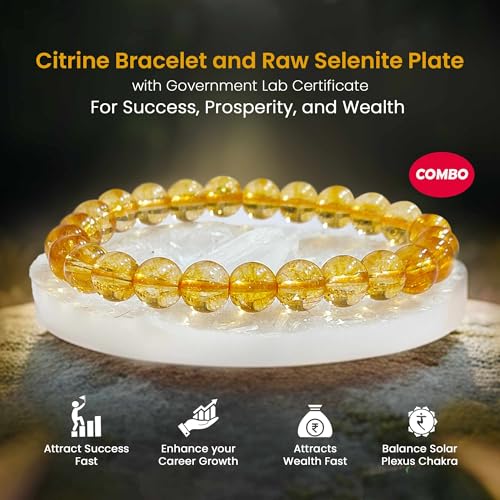 Image of SOLAVA Citrine Bracelet Original Certified with Selenite Plate | Yellow Citrine Crystal Stone Bracelet for Men & Women | Natural 8mm Beads for Money, Success & Energy Cleansing
