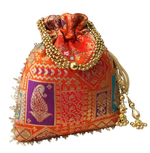 Image of MILAN'S CREATION Potli Banarasi Silk Brocade Bag Purse Drawstring Women's handbag with Pearl Handle & Tassel Weddings