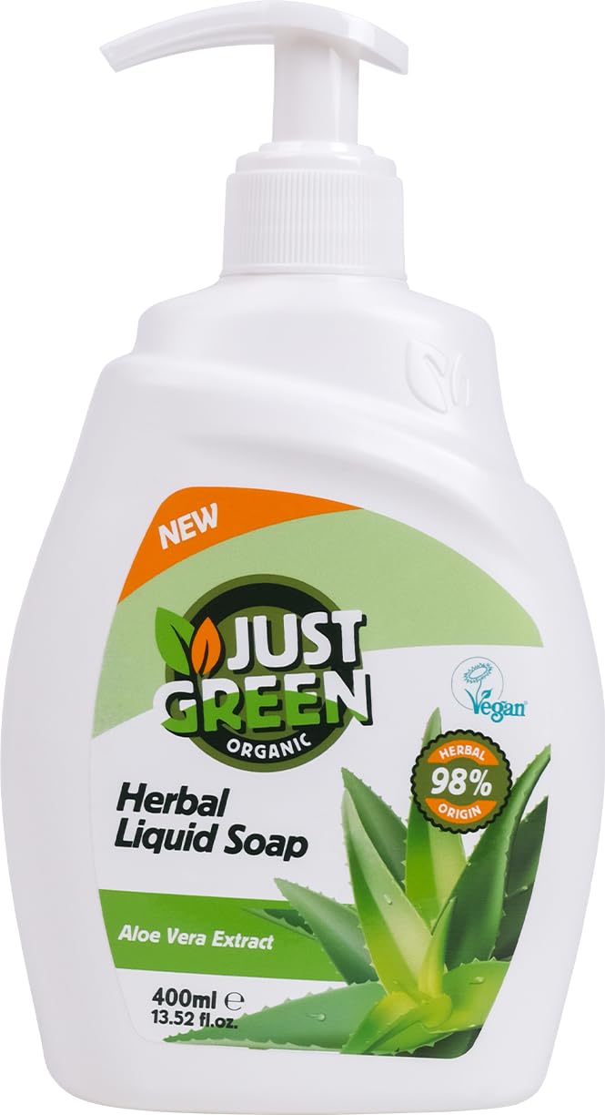 Just Green Organic Natural Hand Soap - Nature & Skin Friendly Aloe Vera Extract Infused, Liquid Herbal Hand Wash - Suitable for All Skin Types, 400ml
