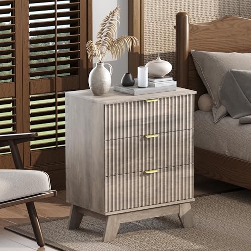 Image of Wodeer Grey Night Stand with 3 Drawers, Bedside Table & End Table, 24 inch Wide Mid Century Modern Fluted Wood Nightstand with Metal Handles, Farmhouse Night Stands for Bedroom, Gray