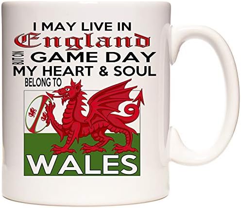 11OZ Welsh Rugby Mug, I May Live in England but on Game Day My Heart and Soul Belong to Wales. Fantastic Gift Mug for Fans of Welsh Rugby