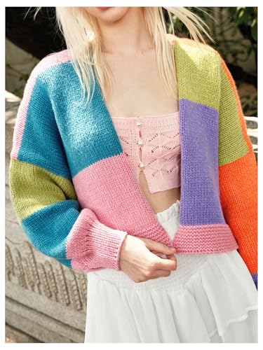 Image of MakeMeChic Women's Colorblock Colorful Open Front Cardigan Sweaters Lantern Sleeve Knitted Y2K Cardigan Multicolor Medium