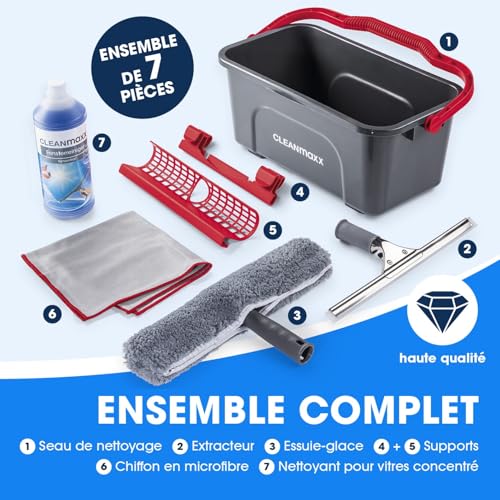 CLEANmaxx Set de Nettoyage Simple et Efficace pour des vitres de la Maison et la Voiture | pour Nettoyer Les vitres avec Seau, raclette, Balai, Chiffon Microfibre et concentré [Rouge] – vue 2