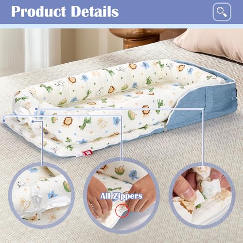 Image of Baby Lounger for Newborn Portable Bag,Baby Nest Play Gym mat with Strap,Newborn Lounger Adjustable Size & Inner Zipper Lengthen Space to 24 Months,Animal World Blue