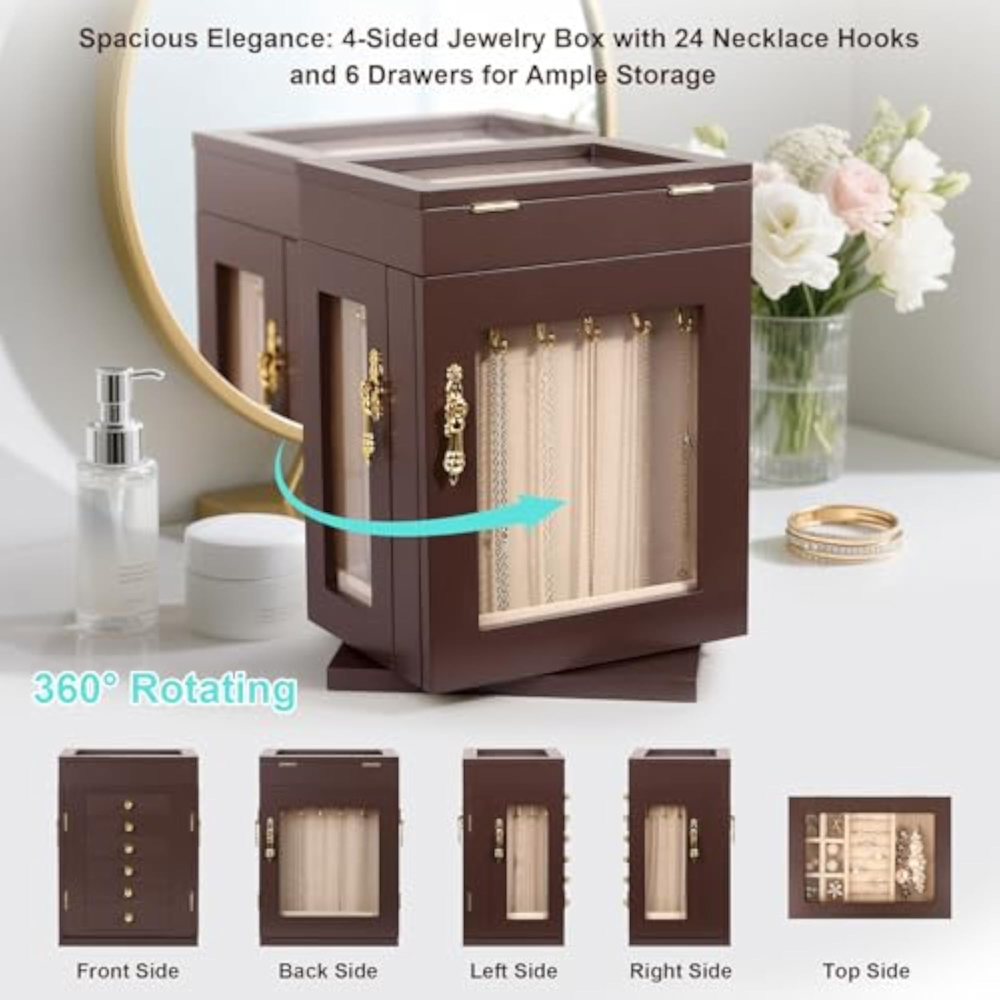 360° Rotating Wooden Jewelry Box for Women