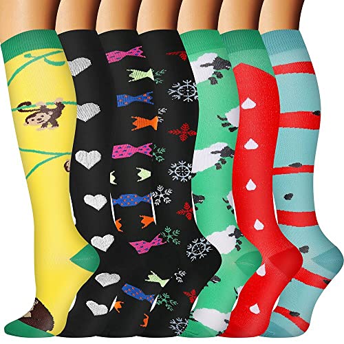 Odtmger Compression Socks7 Pair for Women & Men Circulation 20-30mmhg Knee High Sock is Best Support for Athletic Running,Cycling (UK, Alpha, S, M, Regular, Regular, Mix-8)