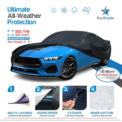 Image of EzyShade Multi-Layer Waterproof Sports Car Cover - See Vehicle Size-Chart - All Weather Outdoor Covers for Automobiles - Camaro Challenger Firebird GTO Classic Cars - Black, Size C5 (See SizeChart)