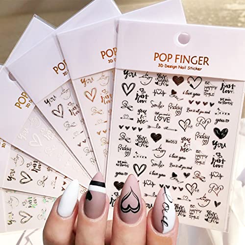 Valentines Day Nail Art Stickers Decals Hearts Nail Decorations 3D Self-Adhesive Gold Silver Black White Laser Love Heart Cupid Arrow Art Letters Graffiti Design Nail Supplies For Women Girls #TOP2