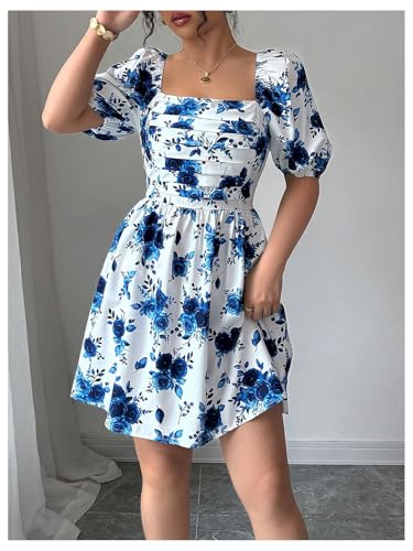 Image of Floerns Women's Floral Dress Puff Sleeve Dress Square Neck Summer Vacation Picnic Mini Dresses