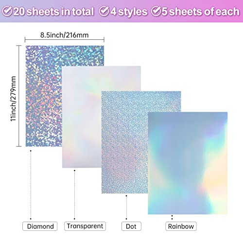 20 Sheets Holographic Sticker Paper For Inkjet & Laser Printer, Printable Vinyl Sticker Paper, Dries Quickly Sticker Paper Waterproof - 8.5X11 Inch, Diamond/Rainbow/Dots/Transparent #TOP1