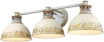 Rustic 3-Light Vanity Light in Antique Black Iron with Aged Galvanized Steel Frame 7.8 inches H X 28.8 inches W-Aged Galvanized Steel Finish-Antique Ivory Shade Color Farmhouse Vanity Lighting
