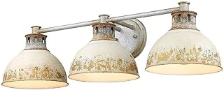 Rustic 3-Light Vanity Light in Antique Black Iron with Aged Galvanized Steel Frame 7.8 inches H X 28.8 inches W-Aged Galvanized Steel Finish-Antique Ivory Shade Color Farmhouse Vanity Lighting