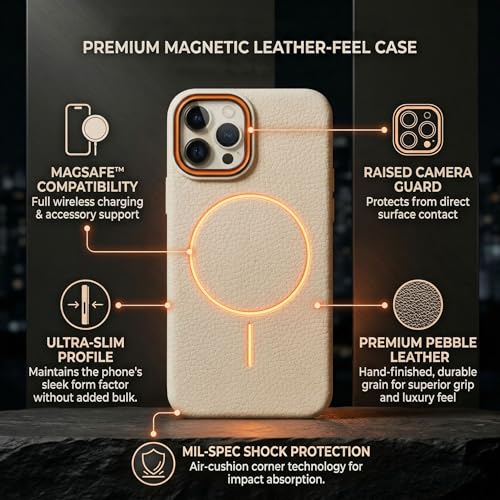 Image of amazon basics Luxury MagSafe Compatible Leather Texture Back Cover for iPhone 16 Pro | Raised Camera Protection | Slim Fit Shockproof Case with Metallic Accents (White)