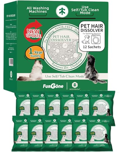FURGONE Upgraded Pet Hair Dissolver Washing Machine Cleaner Powder Deep Cleaning Pet Bedding 100g 12 Sachets Dog Cat Hair | Stain | Odor Remover for Laundry No More Fur
