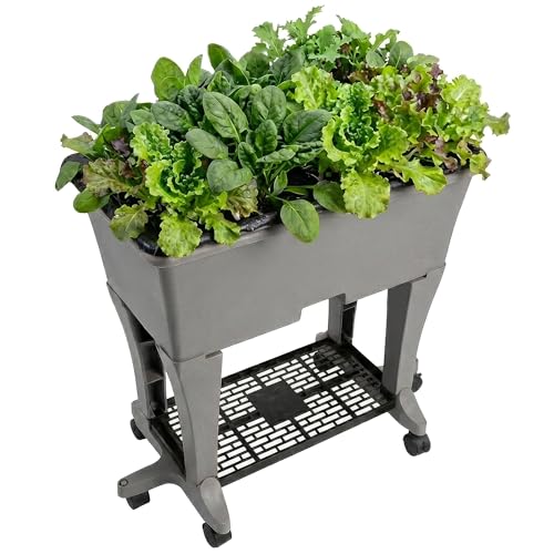 EarthBox Raised Garden Bed with Legs Elevated Self Watering Planter Box with Wheels Storage Shelf Premium Plant Food Easy Assembly Made in USA Gray