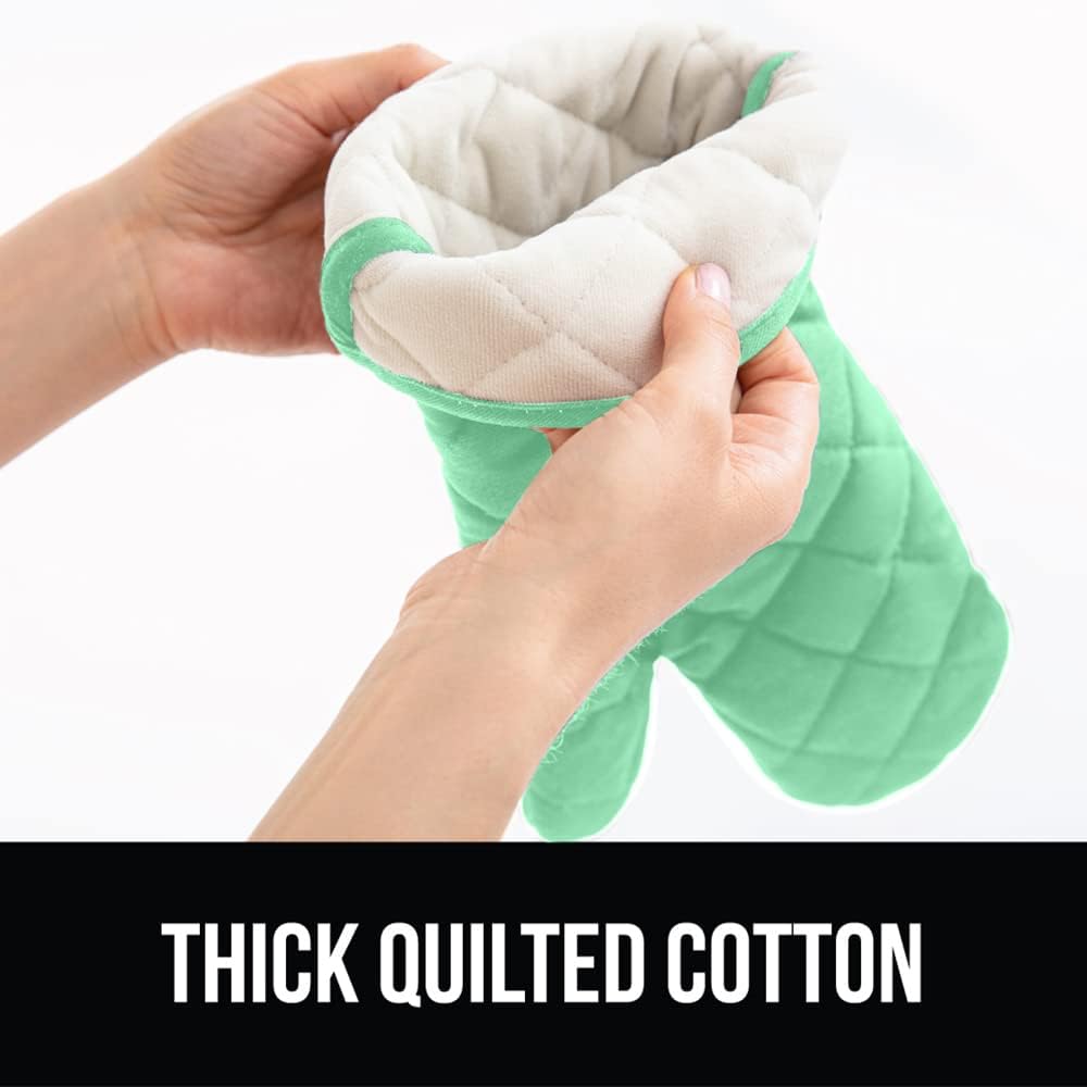 Gorilla Grip Heat Resistant Thick Cotton Oven Mitts Set, Soft Quilted Lining, Strong Grip Potholders for Hot Pans and Oven, Kitchen Mitt Pair Protect Hands, Cooking Baking BBQ Gloves, 15 Inch, Mint