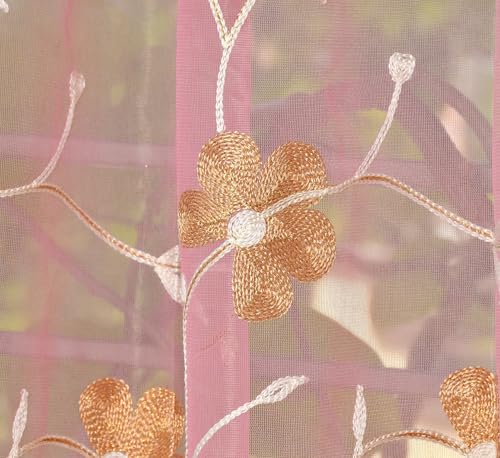 Image of Homefab India Embroidery Floral Net Transparent Sheer Curtain - 9X4 Feet, Long Door Curtains, Pink, Pack of 1 Pc