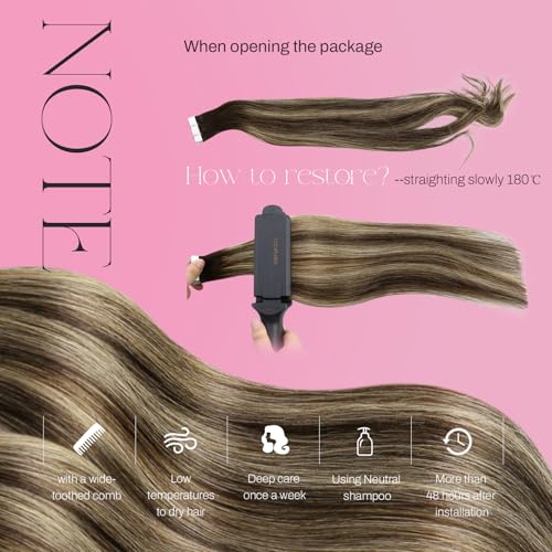 Image of Moresoo Hair Extensions Tape in Caramel Balayage 18in 20Pcs 50g | Human hair extensions tape in, low-contrast caramel highlights, skin weft tabs, added length for office and weekend wear